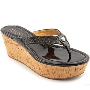 COACH Jorgina Black Patent Leather Wedge Sandals